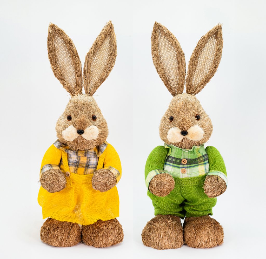Casal De Coelhos Páscoa Decoração em Palha Coelhinhos Coloridos 60cm