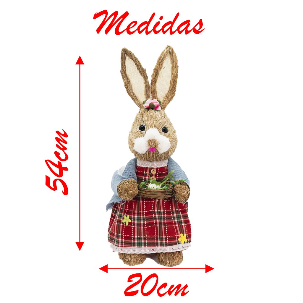 Casal De Coelhos Páscoa Decoração em Palha Coelhinhos Xadrez 54cm