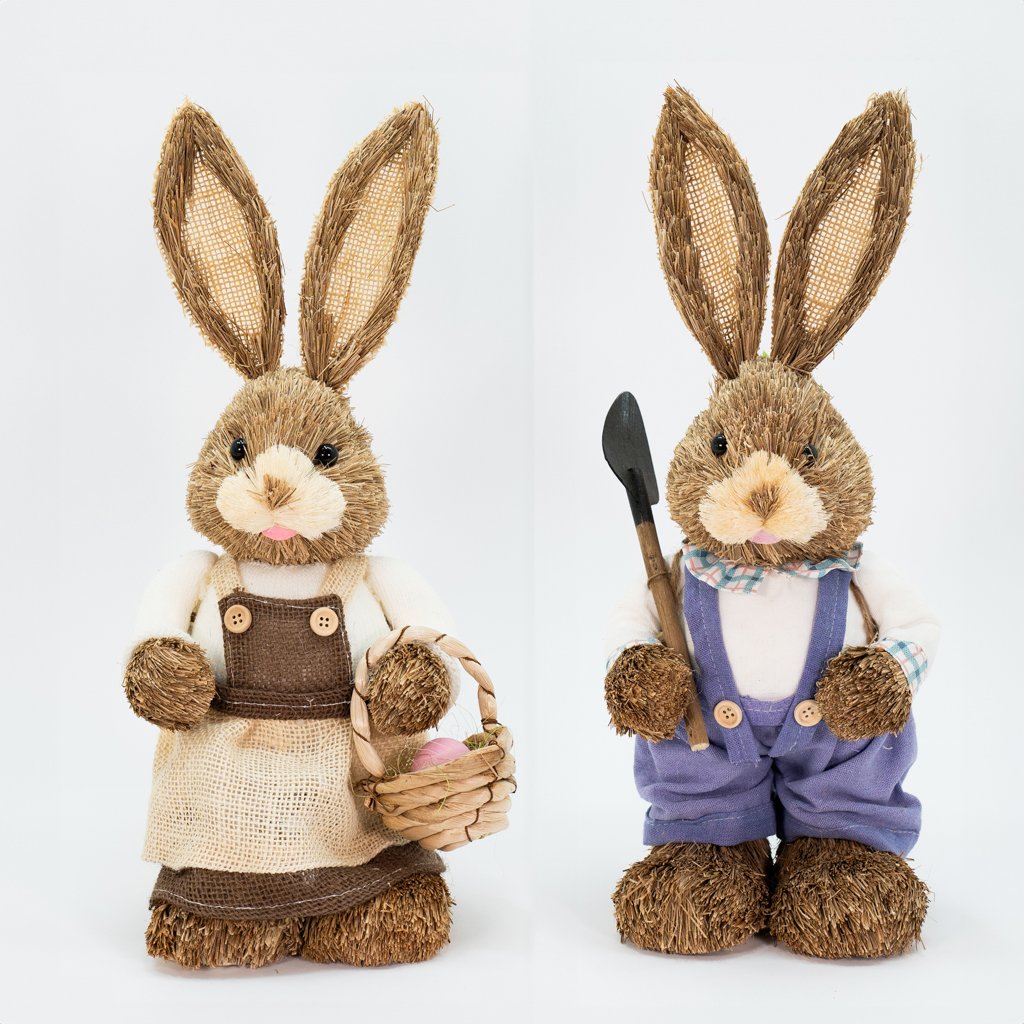 Casal De Coelhos Páscoa Palha Decoração Coelhinhos Trabalhadores 46cm