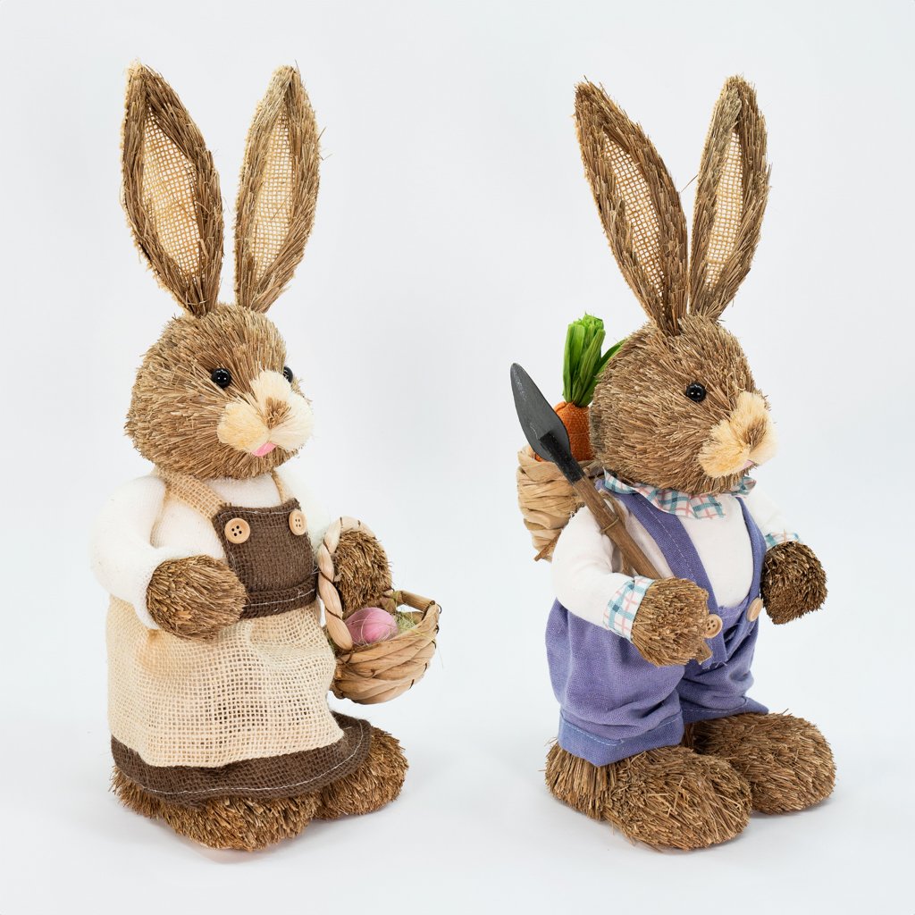 Casal De Coelhos Páscoa Palha Decoração Coelhinhos Trabalhadores 46cm