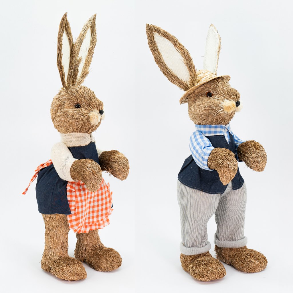 Casal de Coelhos Páscoa em Palha Coelhinhos Camponês Enfeite 60cm