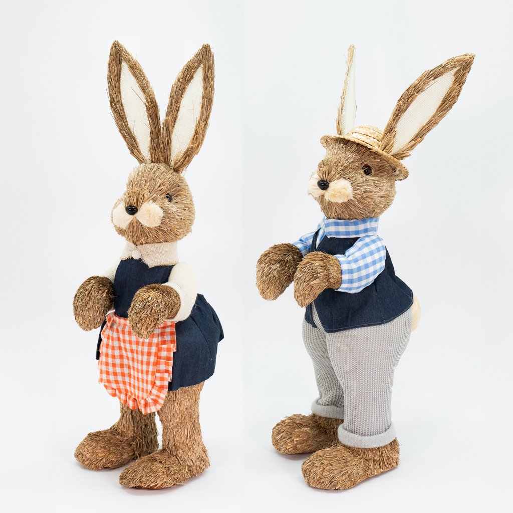 Casal de Coelhos Páscoa em Palha Coelhinhos Camponês Enfeite 60cm