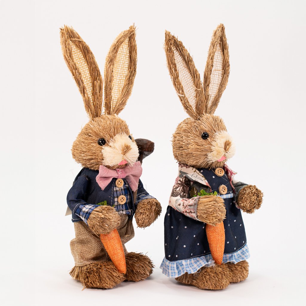 Casal de Coelhos de Páscoa Palha Coelhinhos Azul Escuro 35cm