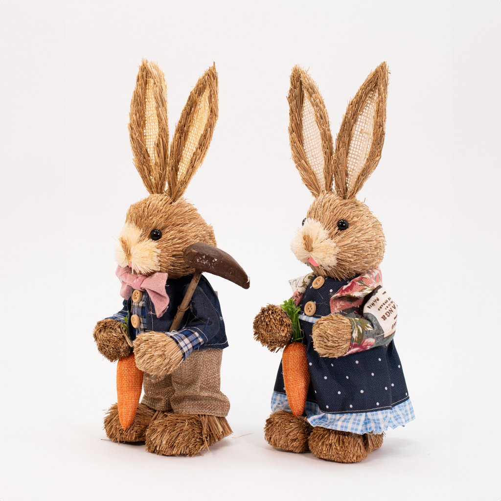 Casal de Coelhos de Páscoa Palha Coelhinhos Azul Escuro 35cm