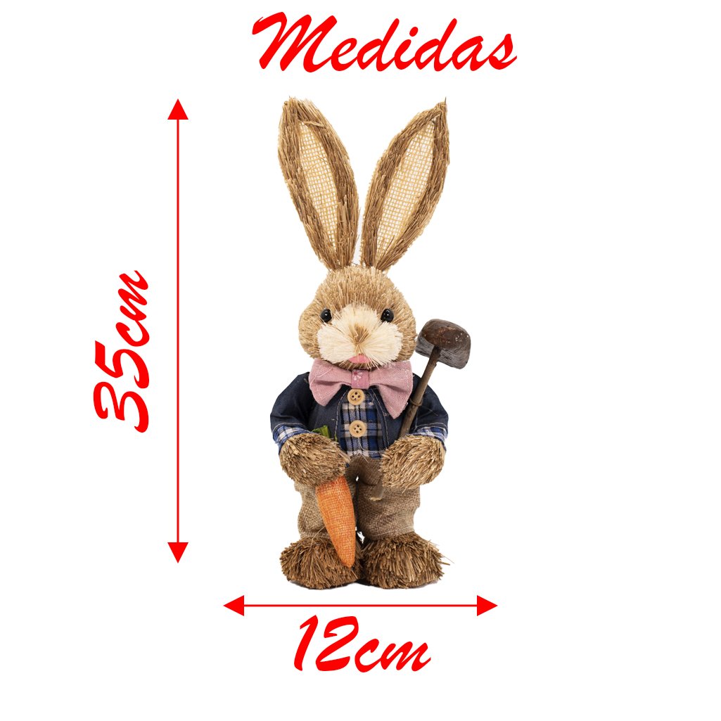 Casal de Coelhos de Páscoa Palha Coelhinhos Azul Escuro 35cm