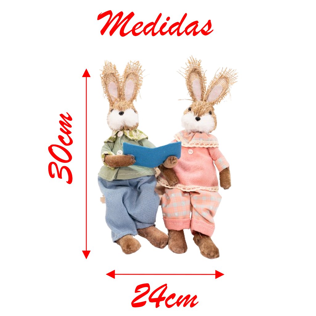 Casal de Coelhos em Palha Sentados Lendo Decoração 30cm