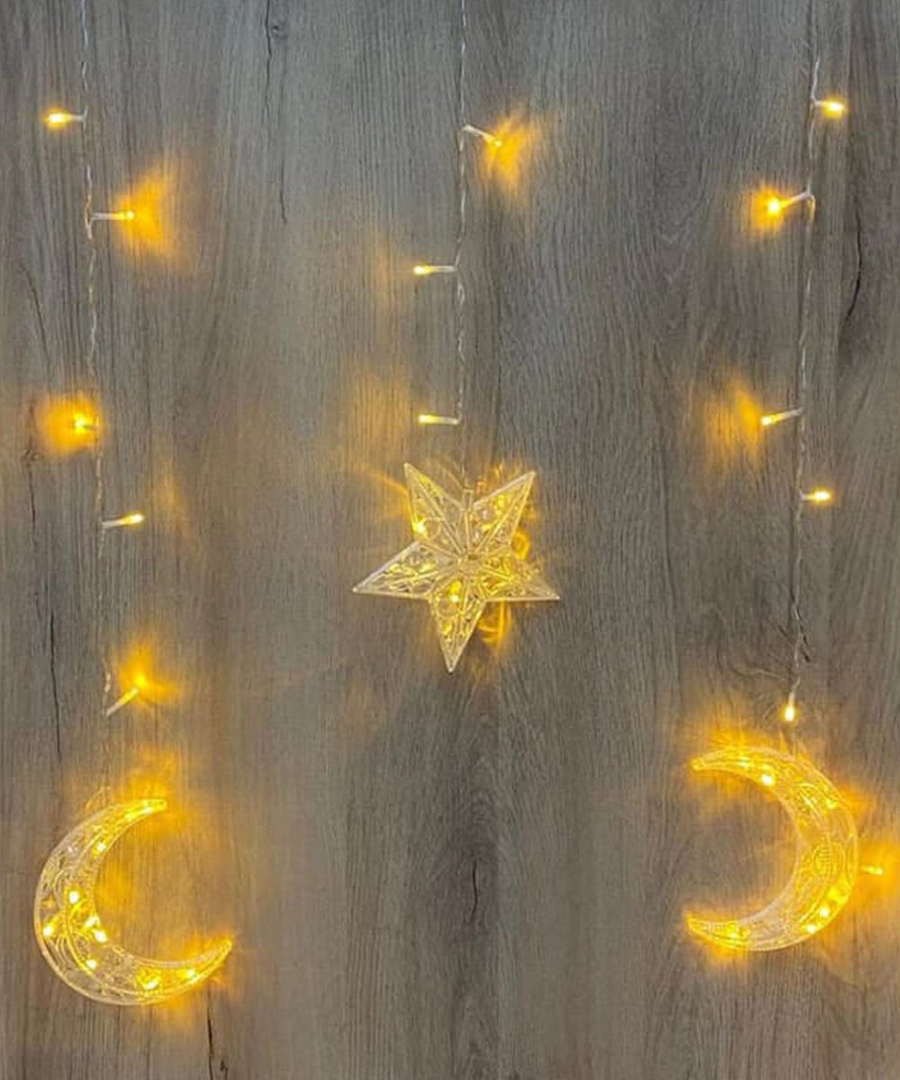 Cascata Decoração De Natal Estrelas Luas Pisca Amarelo De 3M