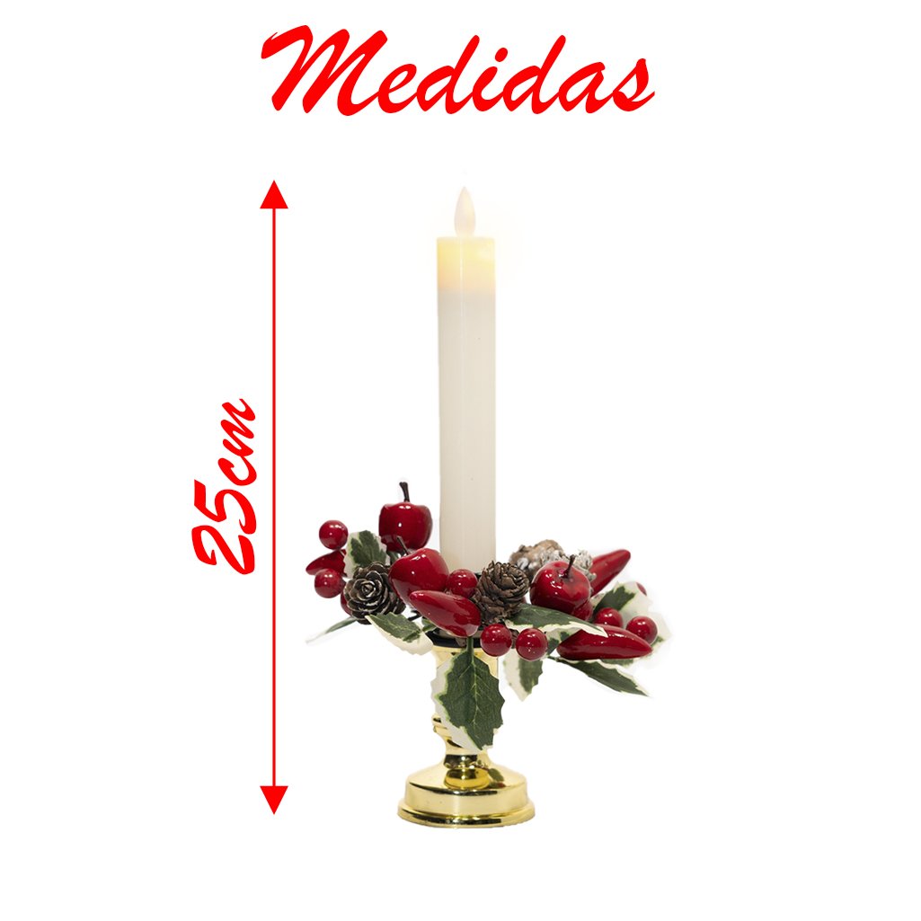 Castiçal Decorado 2 Velas Elétricas Pinha Frutas Natal 25cm