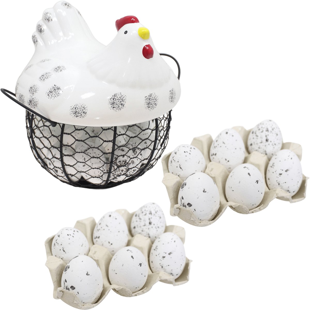 Cesto Galinha Porta Ovos Cerâmica Decorativo 12 Ovos Branco