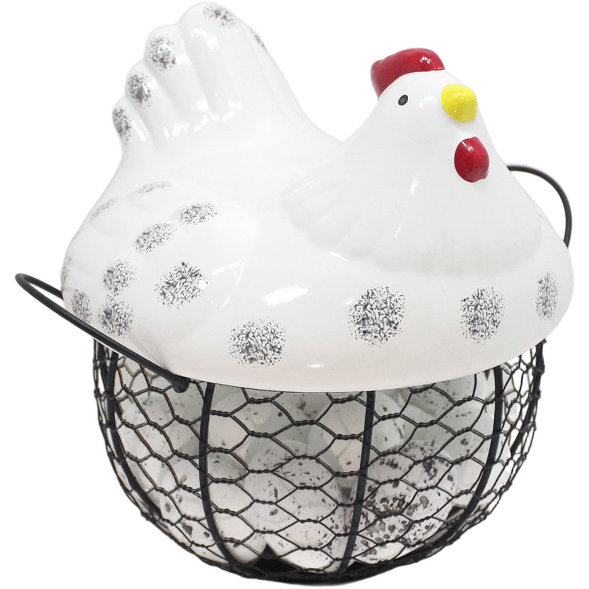 Cesto Galinha Porta Ovos Cerâmica Decorativo 12 Ovos Branco