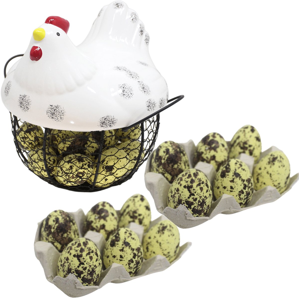 Cesto Galinha Porta Ovos Cerâmica Decorativo 18 Ovos Amarelo