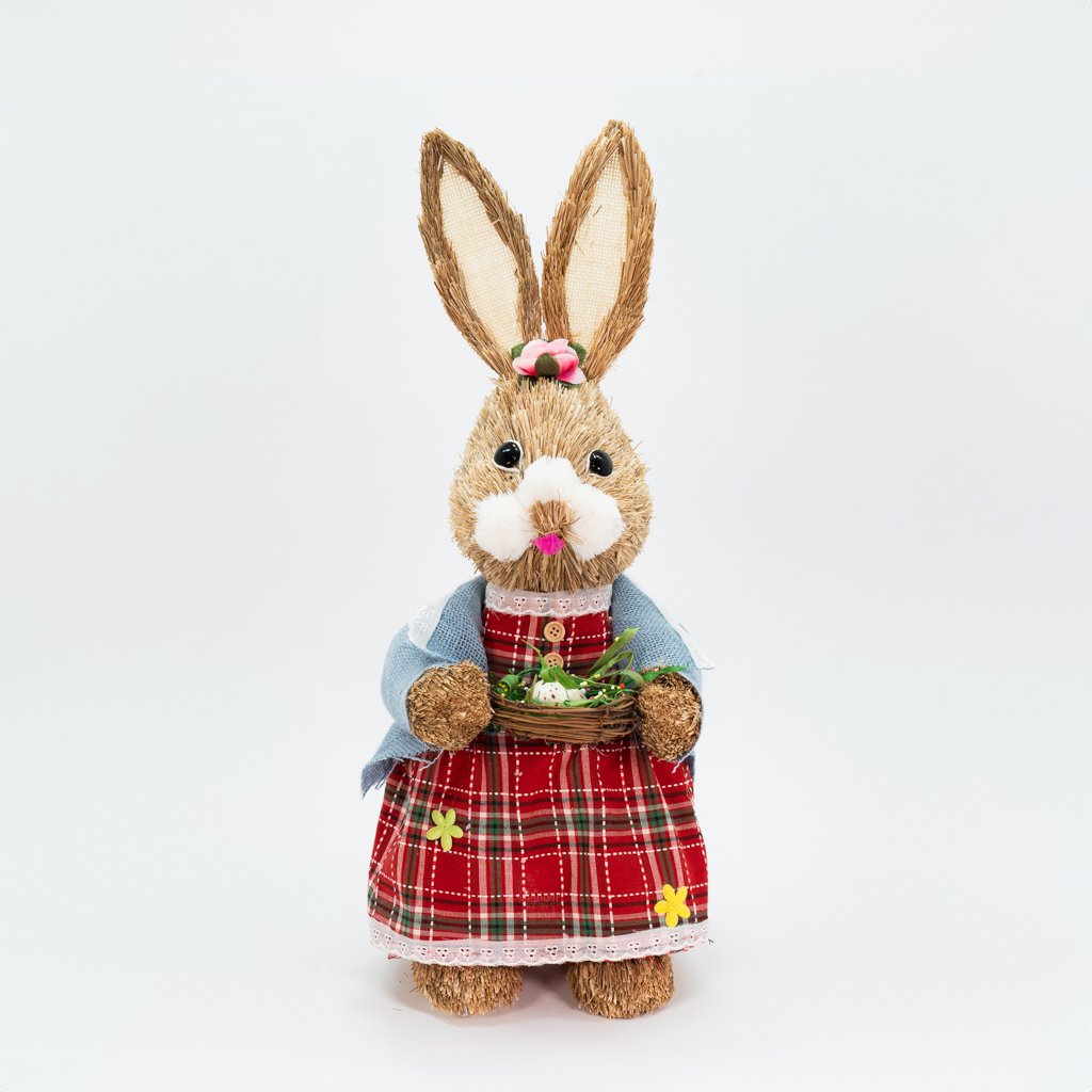 Coelha De Páscoa Decoração Enfeite em Palha Coelhinha Xadrez 54cm
