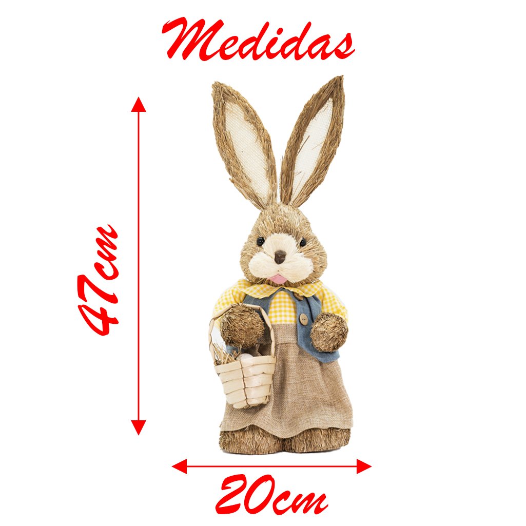 Coelha De Páscoa Decoração em Palha Coelhinha Camponesa 47cm