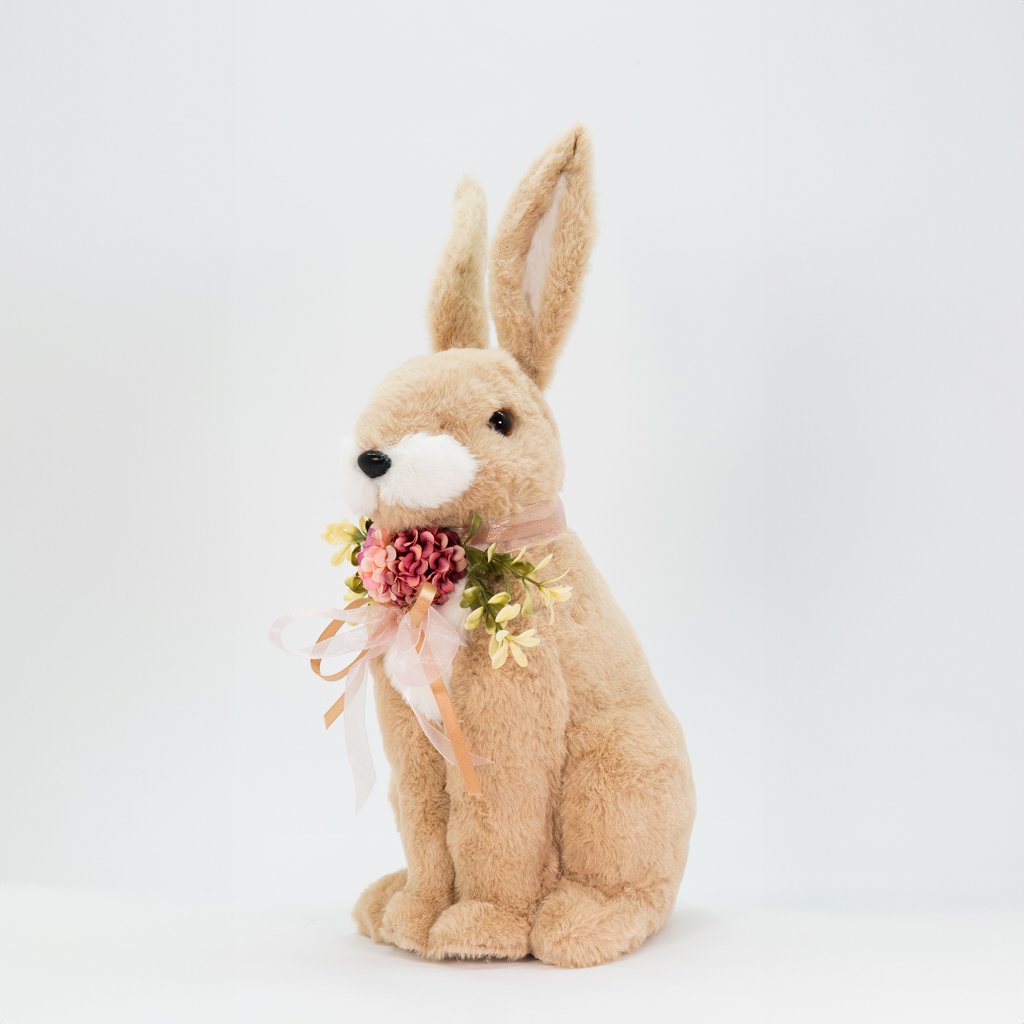 Coelho De Páscoa Decoração Enfeite Coelhinho Bege com Flores 43cm