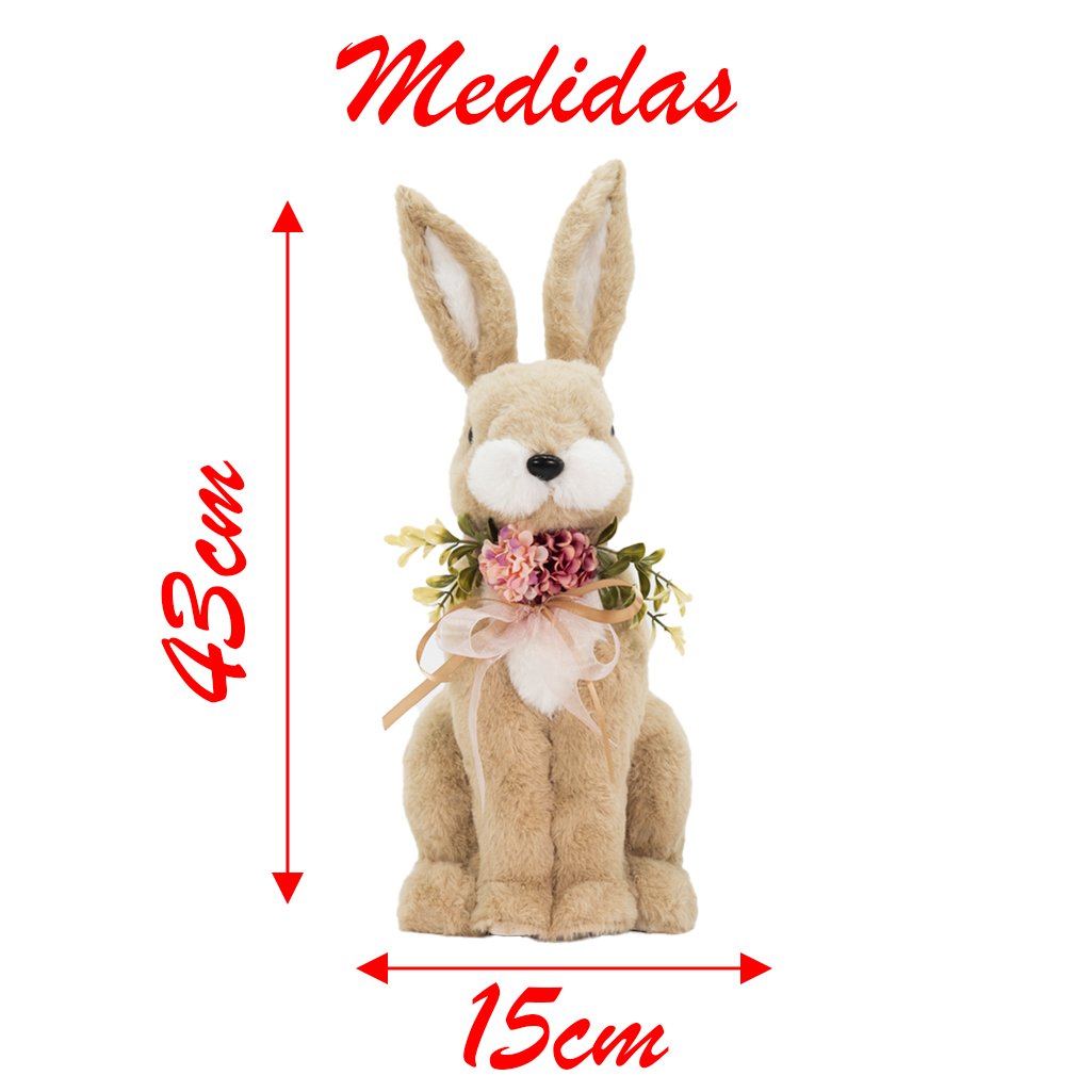Coelho De Páscoa Decoração Enfeite Coelhinho Bege com Flores 43cm