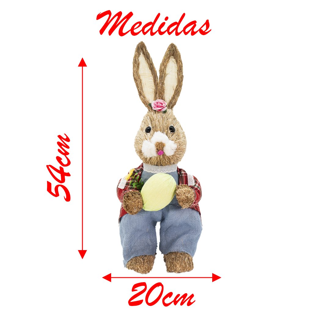 Coelho De Páscoa Decoração Enfeite em Palha Coelhinho Xadrez 54cm