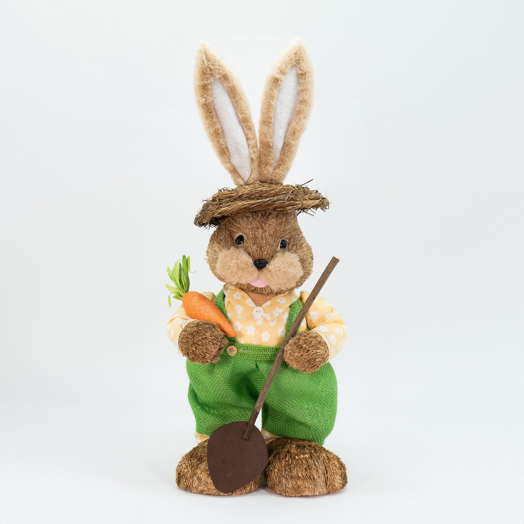 Coelho De Páscoa Decoração em Palha Coelhinho Jardineiro 63cm
