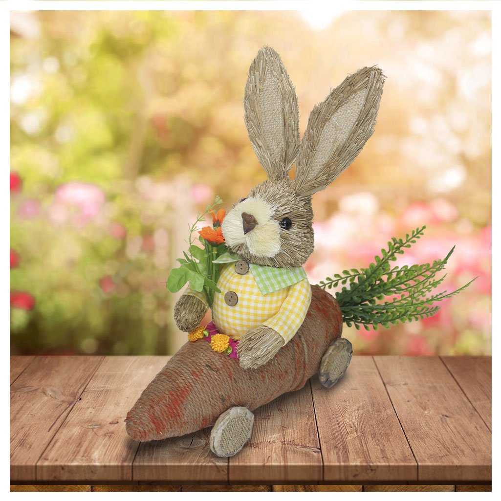 Coelho De Palha Páscoa Com Carro De Cenoura Decoração 33cm
