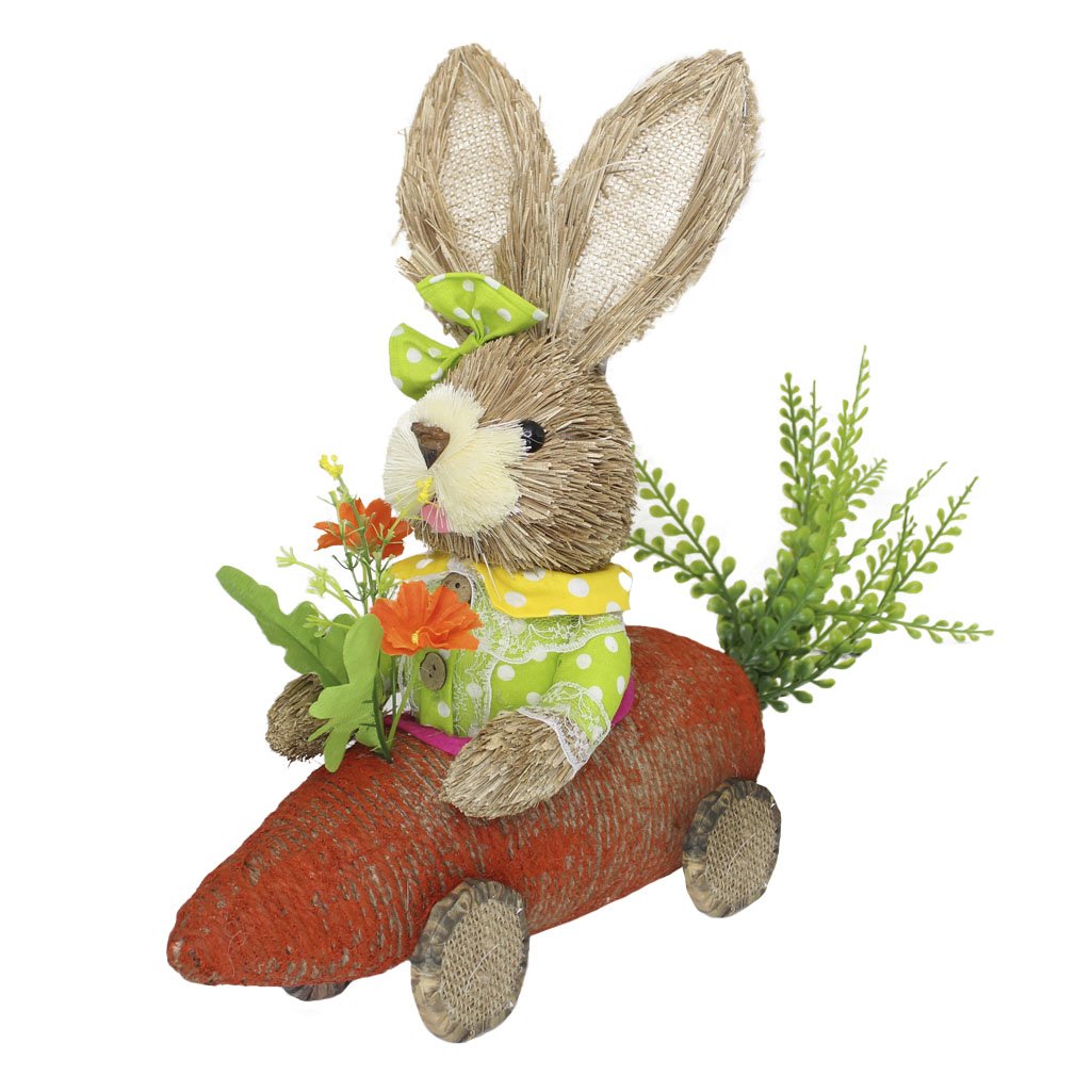 Coelho Fêmea De Palha Páscoa Carro De Cenoura Decoração 33cm