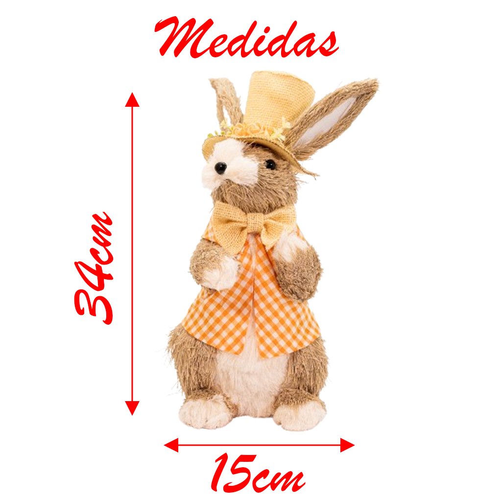 Coelho de Páscoa Com Chapéu e Flores Enfeite Decorativo 34cm