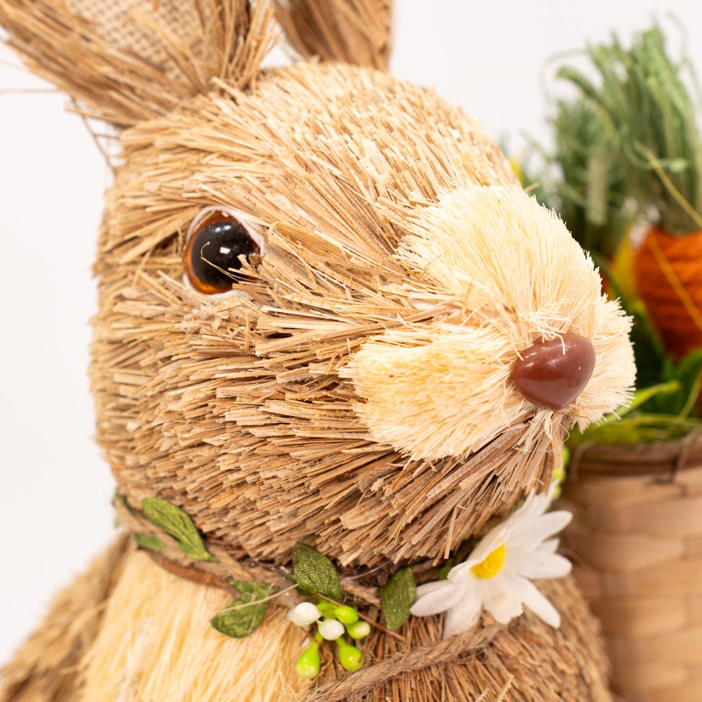 Coelho de Páscoa em Palha Com Cesto e Cenoura Decoração 47cm