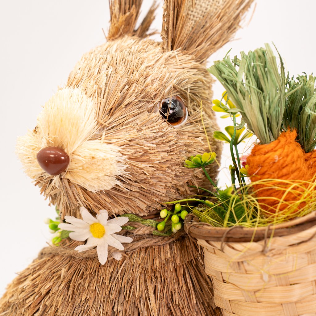 Coelho de Páscoa em Palha Com Cesto e Cenoura Decoração 47cm