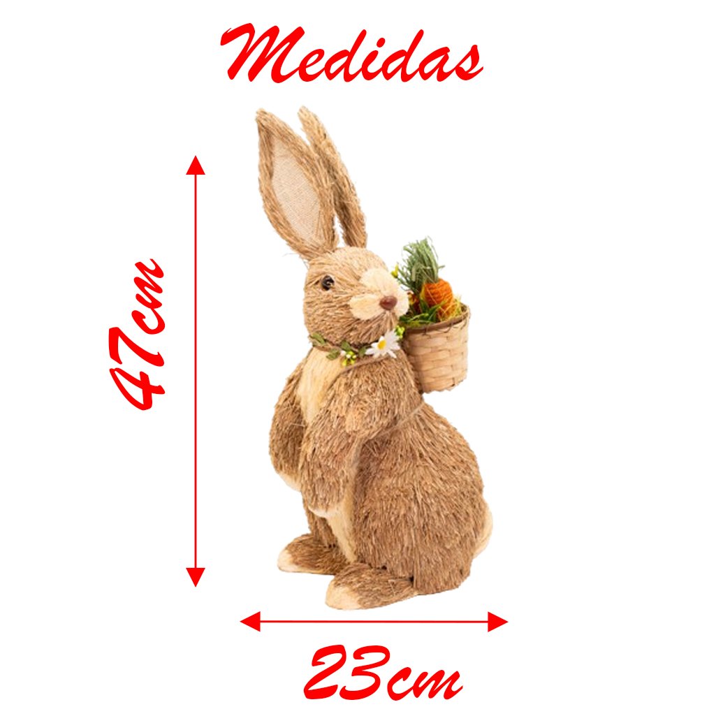 Coelho de Páscoa em Palha Com Cesto e Cenoura Decoração 47cm