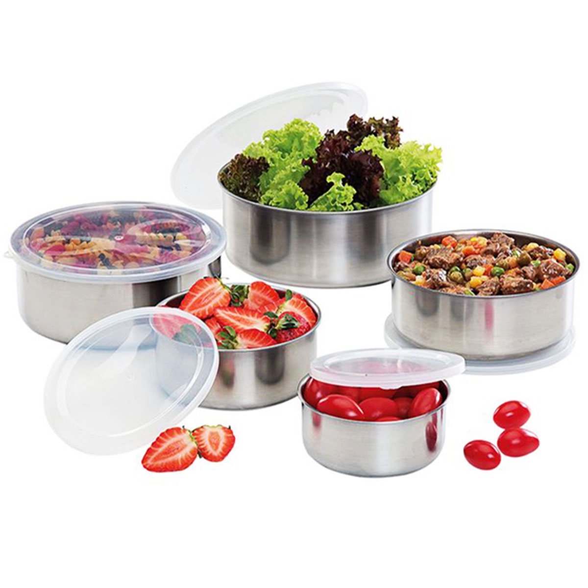 Conjunto 5 Potes Em Alumínio Vasilha Tigelas Bowl Com Tampa