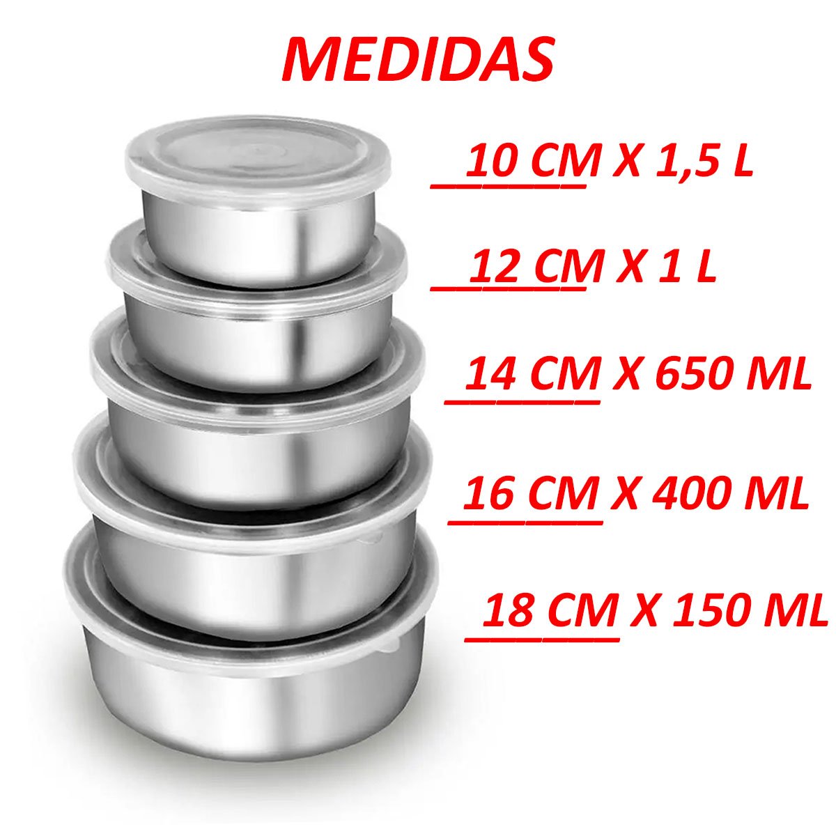 Conjunto 5 Potes Em Alumínio Vasilha Tigelas Bowl Com Tampa