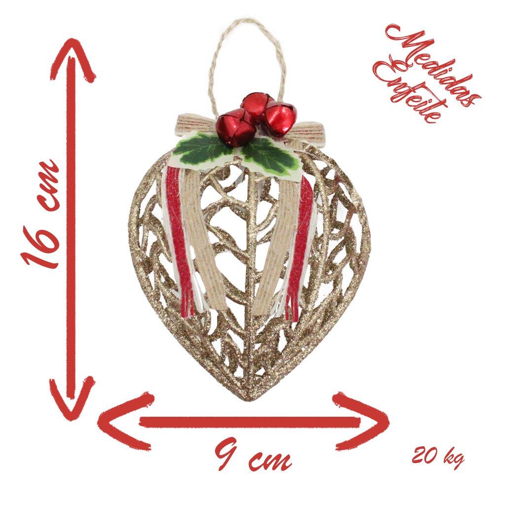 Conjunto 6 Peças Decoração Enfeite Bola Coração Árvore Natal Dourada Glitter Natalina 11,5cm