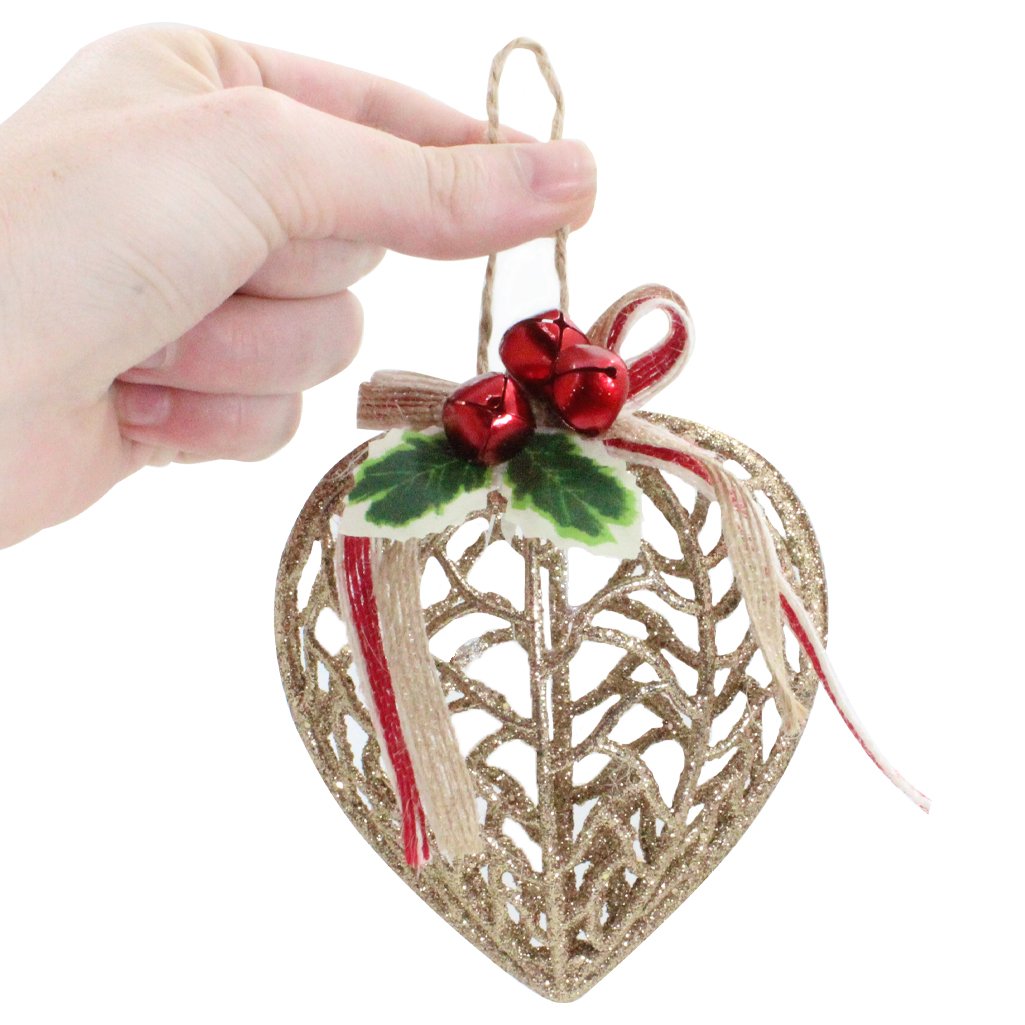 Conjunto 6 Peças Decoração Enfeite Bola Coração Árvore Natal Dourada Glitter Natalina 11,5cm