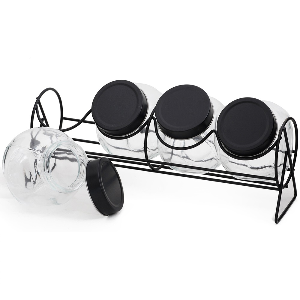 Conjunto com 4 Potinhos Para Temperos, Doces, Condimentos + Suporte 