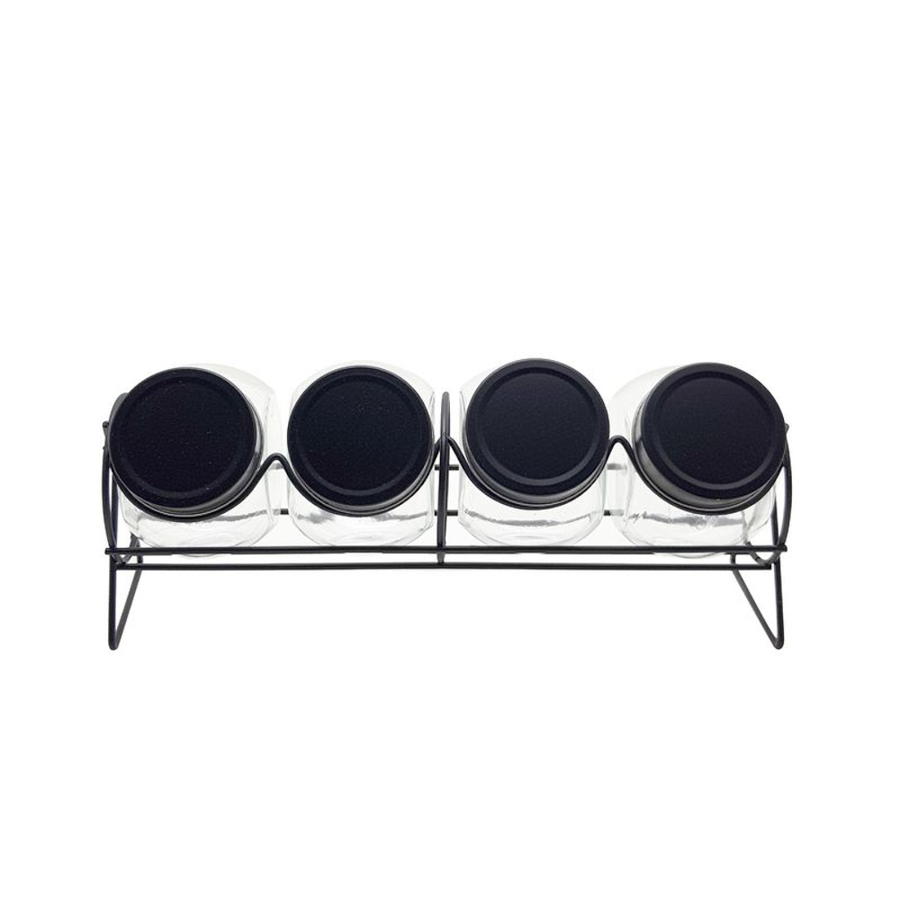 Conjunto com 4 Potinhos Para Temperos, Doces, Condimentos + Suporte 