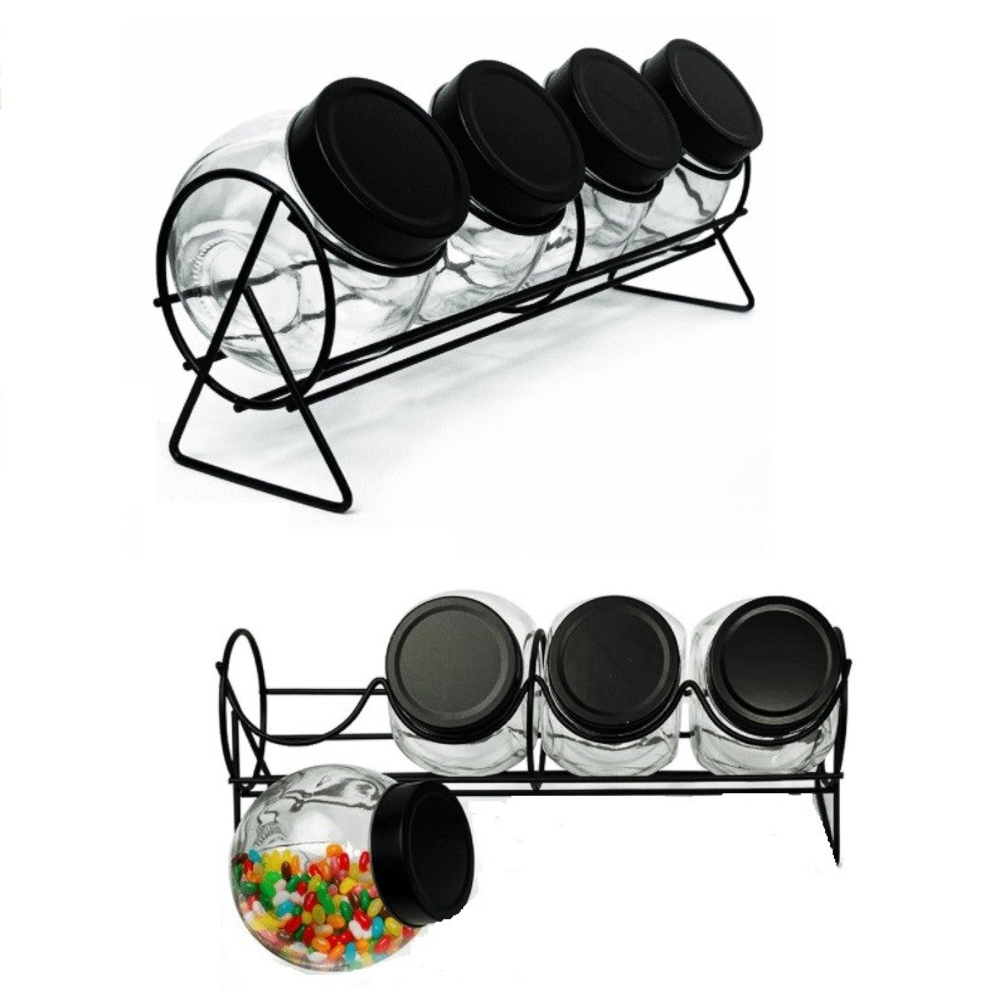 Conjunto com 4 Potinhos Para Temperos, Doces, Condimentos + Suporte 