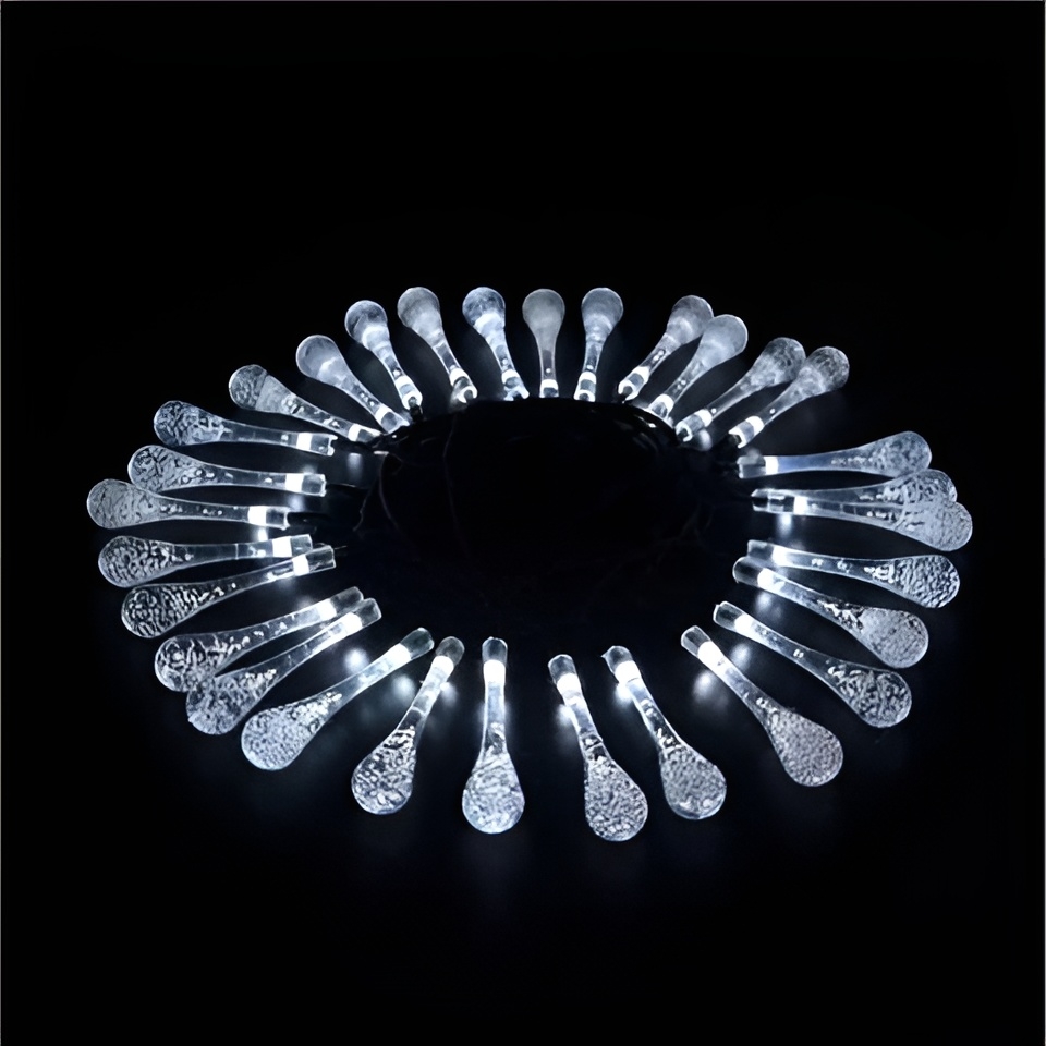Cordão De Lâmpadas Solar Luzes LEDs Gotas De Água Branco 5m