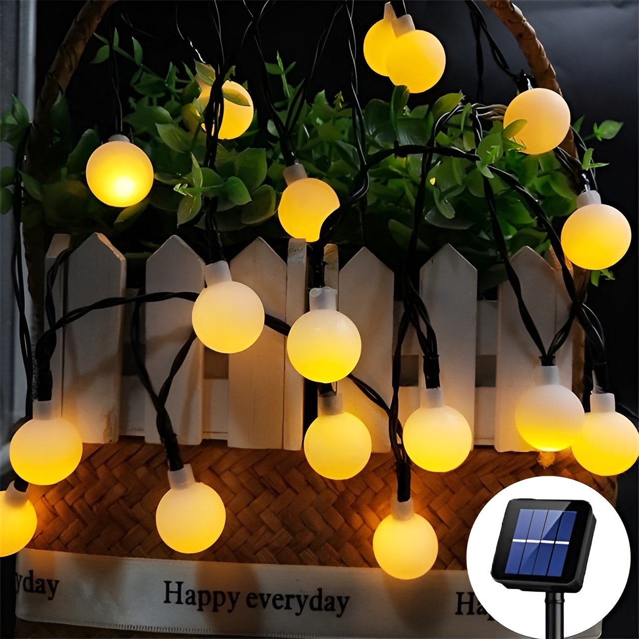 Cordão LEDs Solar Lâmpadas Luzes Bolinhas Amarela Natal 5m