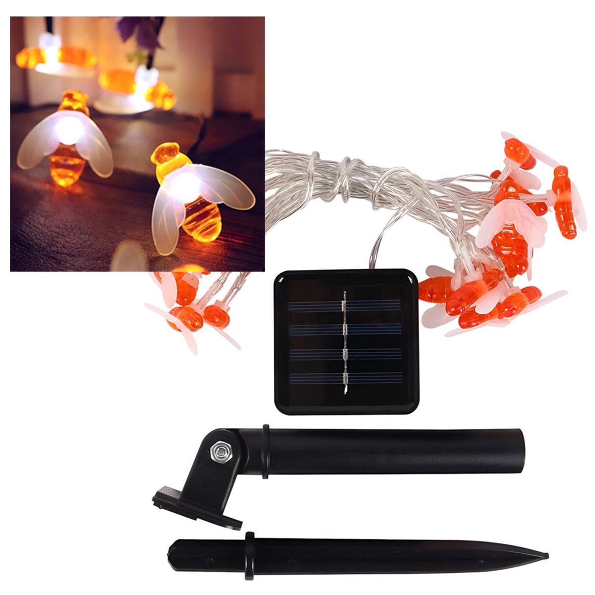 Cordão LEDs Solar Lâmpadas Luzes Estilo Abelhas Brancas 5m