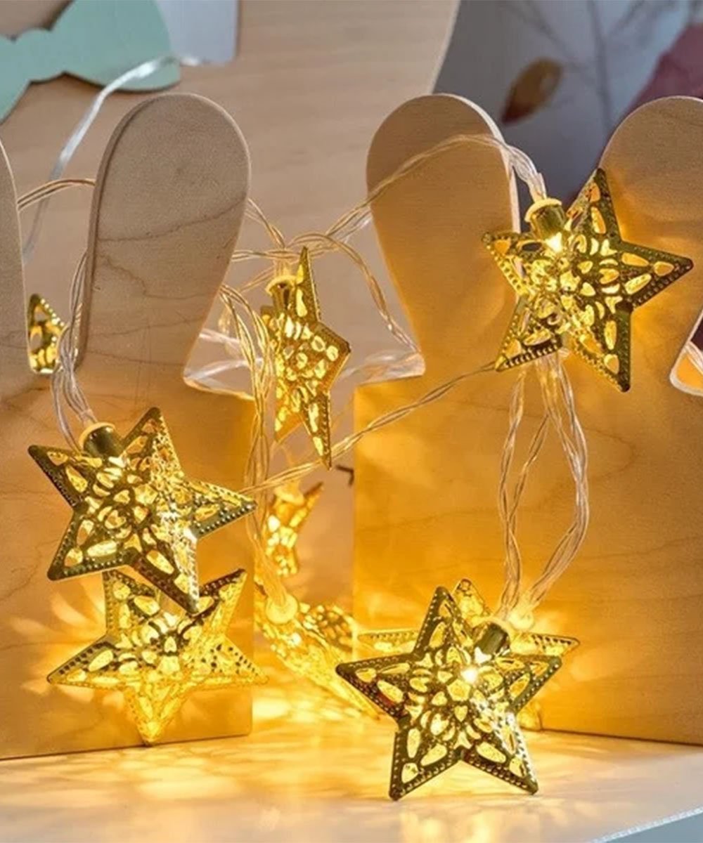 Cordão Luminoso 10 Estrelas LEDs Dourado Enfeite 2,30 Metros