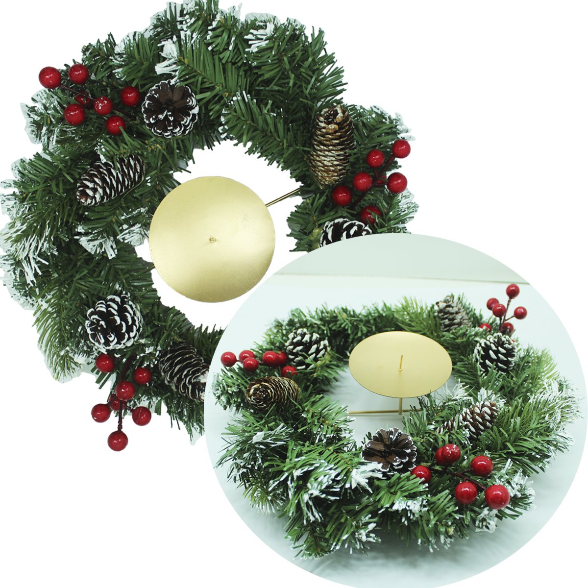 Decoração Arranjo De Mesa Castiçal Pinhas e Azevinhos 30cm