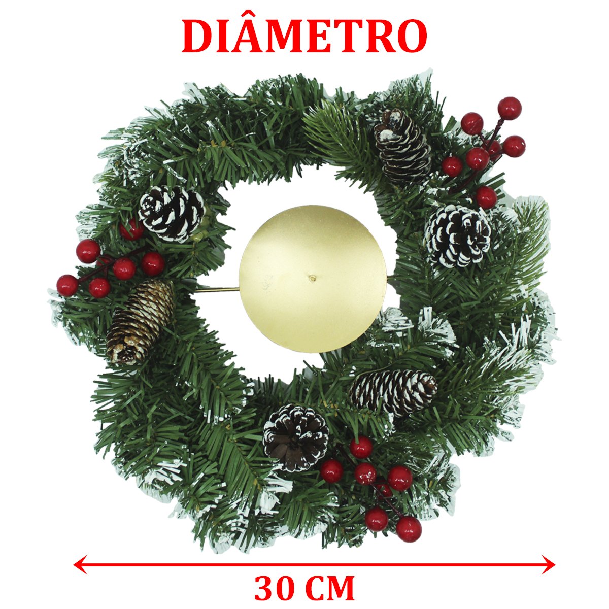 Decoração Arranjo De Mesa Castiçal Pinhas e Azevinhos 30cm