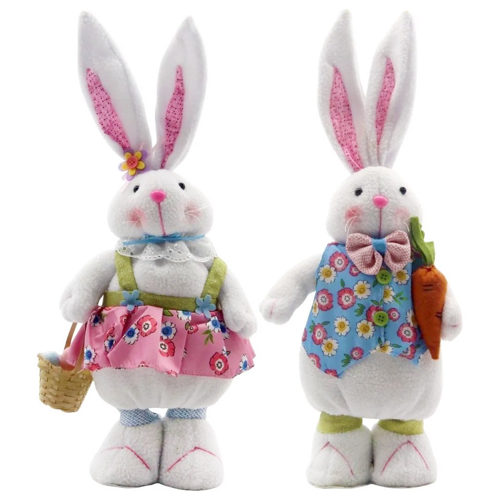 Decoração Casal De Coelhos De Páscoa Enfeite Coelhinhos 49cm