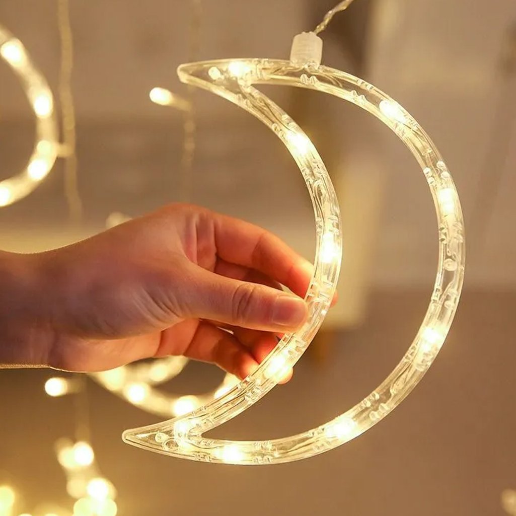 Decoração Cortina Varal Cordão Fio de Luzes Lâmpadas Estrela Lua Céu Led Natal Enfeite 2,5m