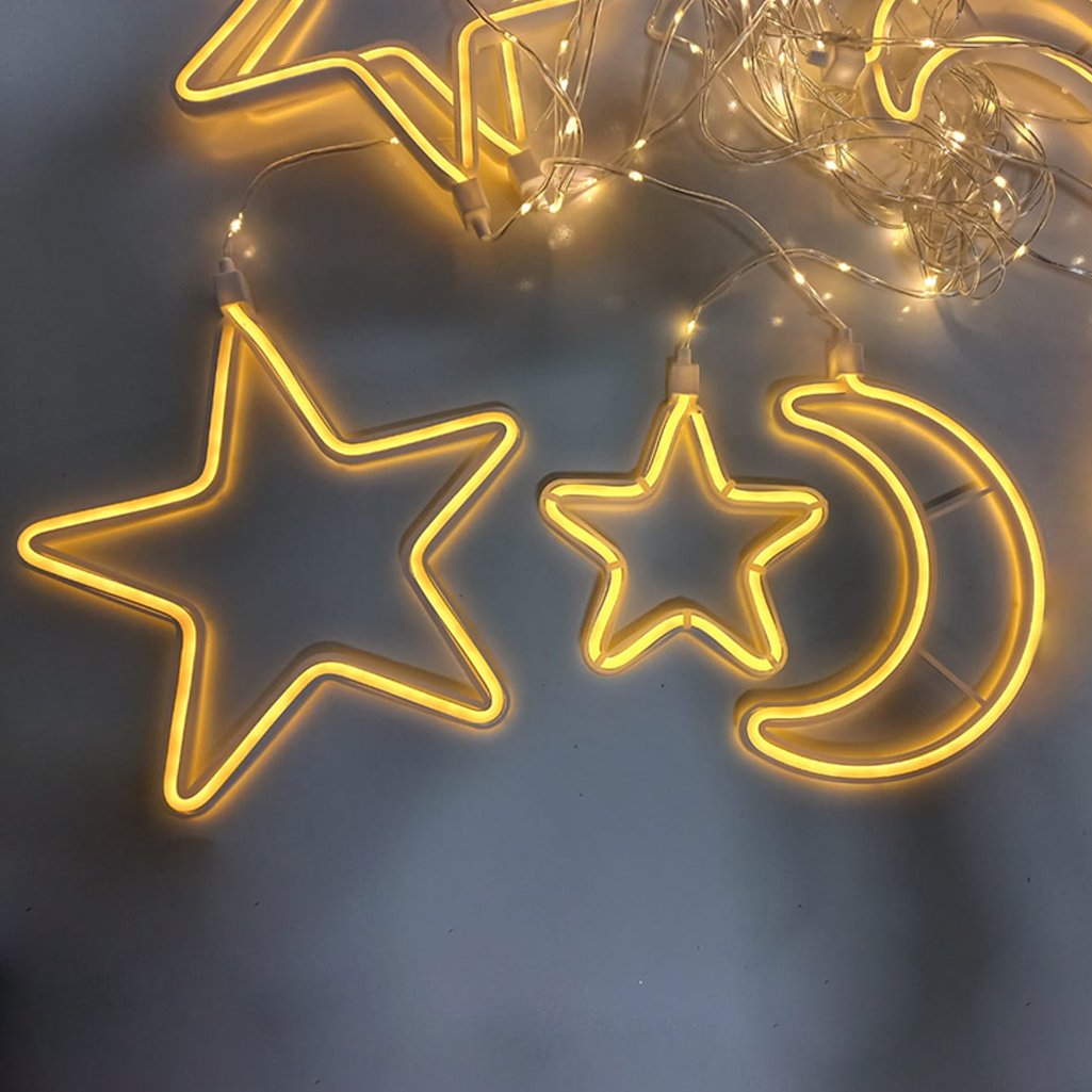 Decoração Cortina Varal Cordão Fio de Luzes Lâmpadas Estrela Lua Céu Led Natal Enfeite 2,5m