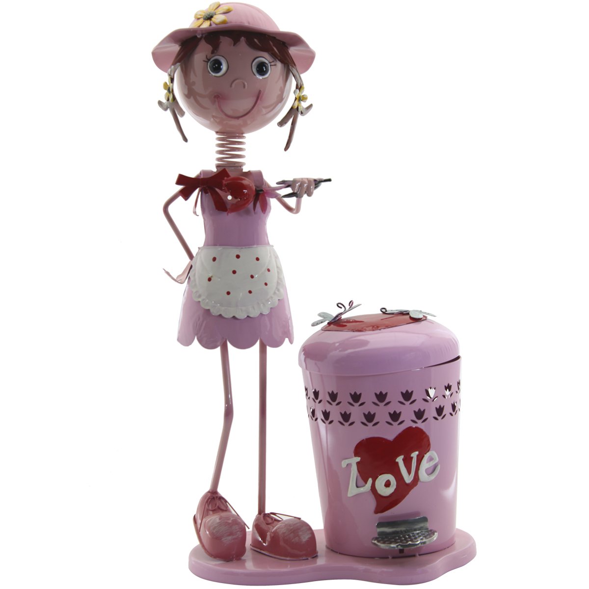 Decoração Enfeite Boneca Escultura de Metal com Lixeira Pedal Menina Rosa