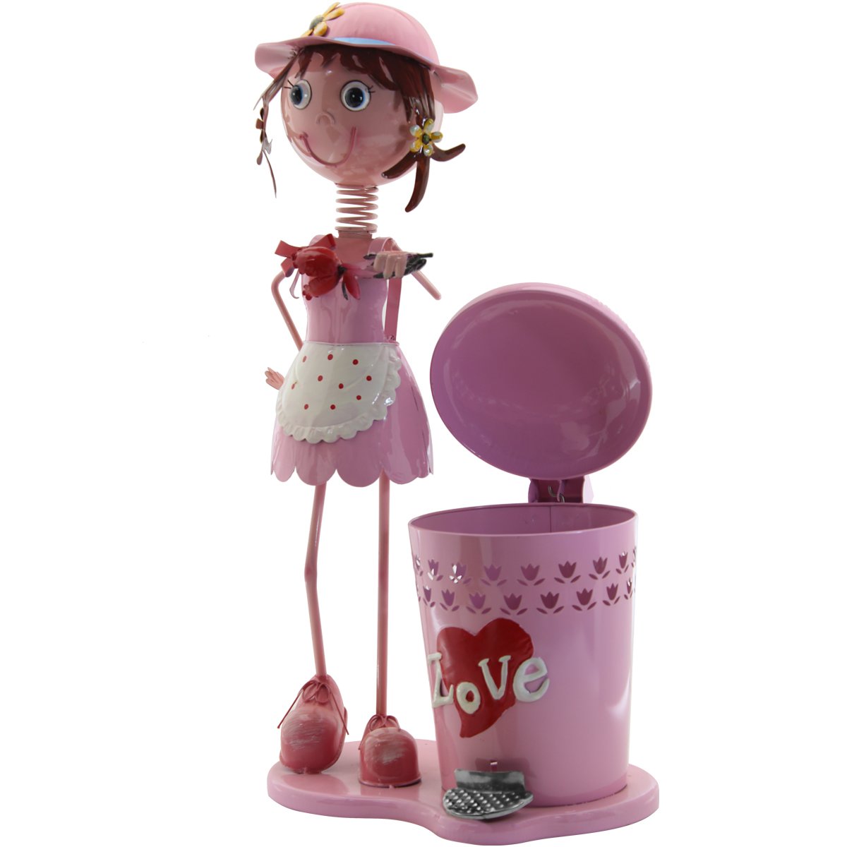 Decoração Enfeite Boneca Escultura de Metal com Lixeira Pedal Menina Rosa