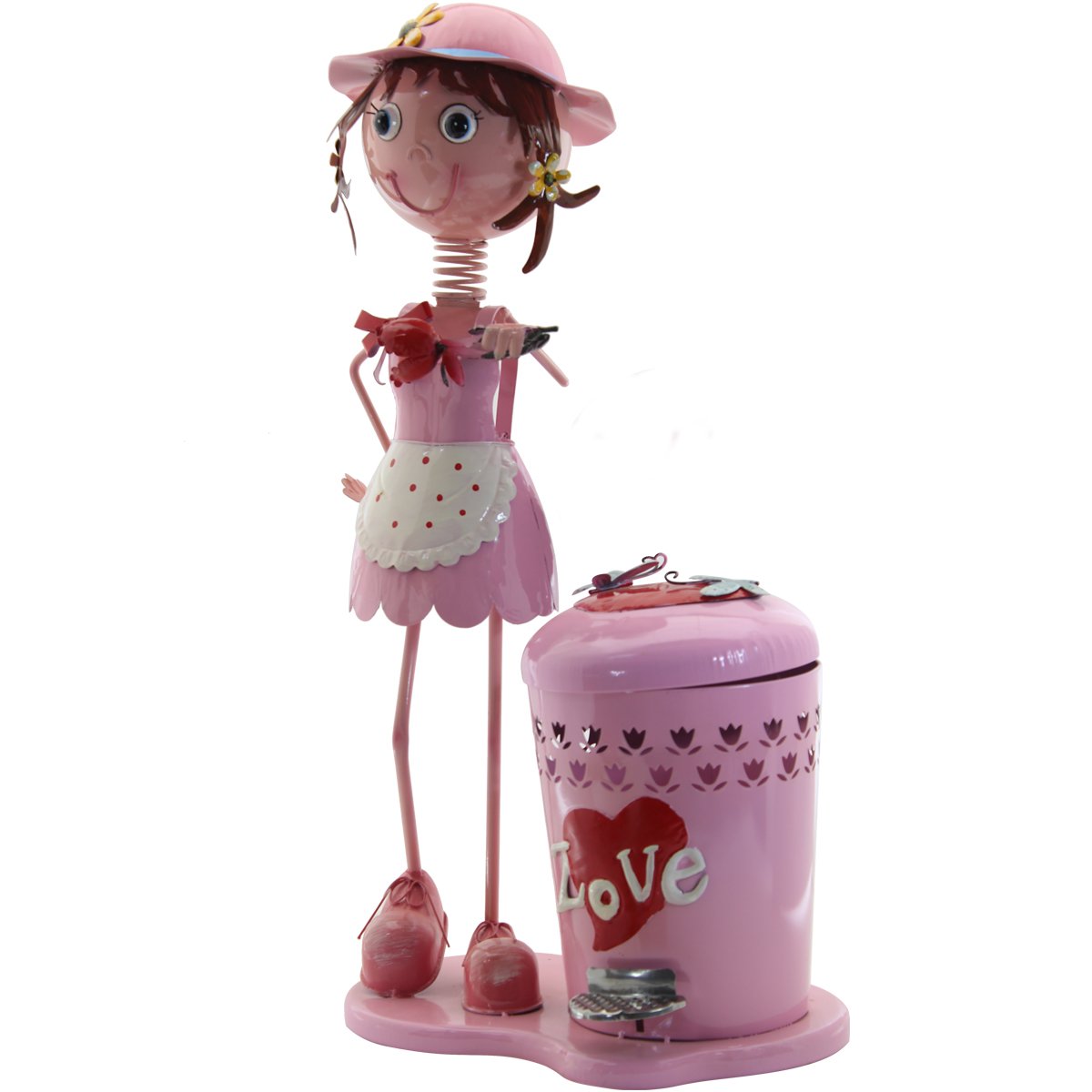 Decoração Enfeite Boneca Escultura de Metal com Lixeira Pedal Menina Rosa
