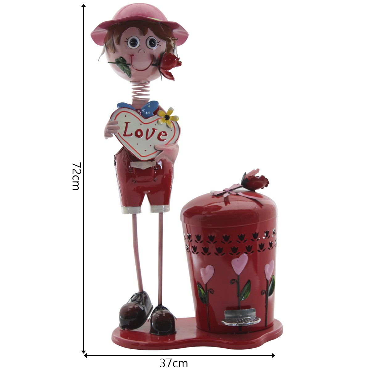Decoração Enfeite Boneco Escultura de Metal com Lixeira de Pedal Menino Rosa 72cm