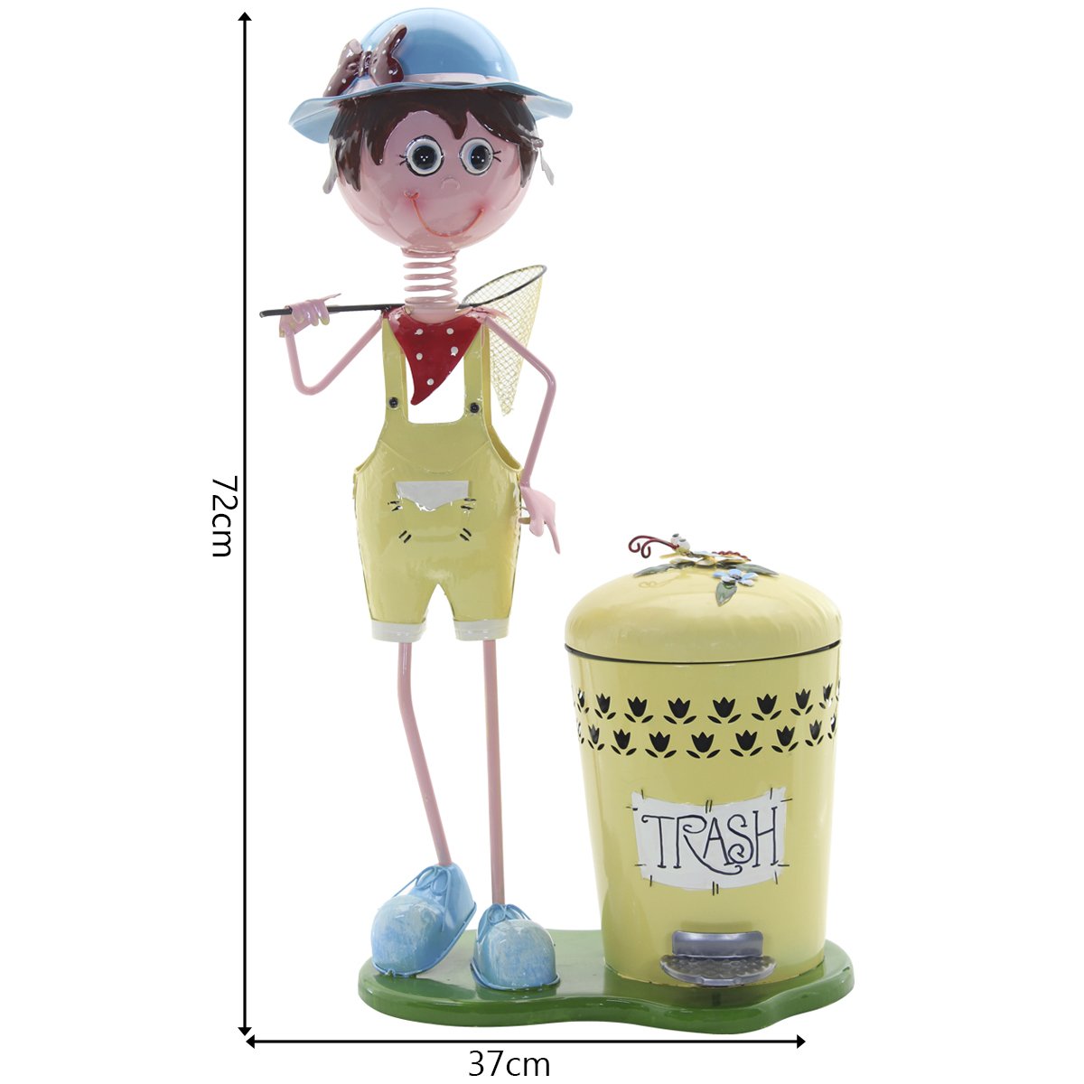 Decoração Enfeite Boneco Escultura em Metal com Lixeira Pedal Menino Amarelo 72cm