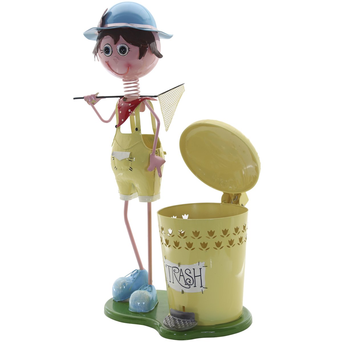 Decoração Enfeite Boneco Escultura em Metal com Lixeira Pedal Menino Amarelo 72cm