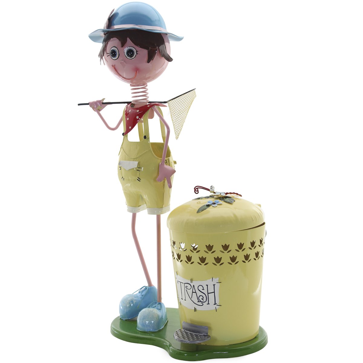 Decoração Enfeite Boneco Escultura em Metal com Lixeira Pedal Menino Amarelo 72cm
